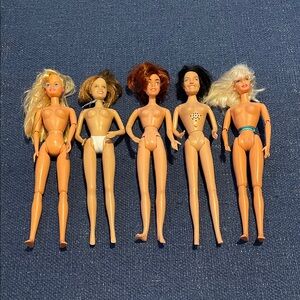 Set of Five Vintage Barbie Dolls with Blonde and Brunette Hair